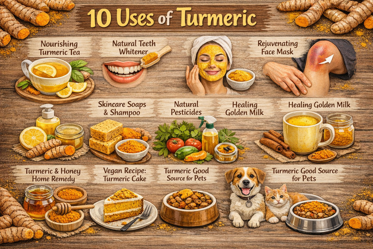 Know the Usages of Turmeric Powder A visually balanced turmeric-themed graphic with soft tones, clear headings, and neatly arranged elements highlighting everyday culinary, care, and household uses.