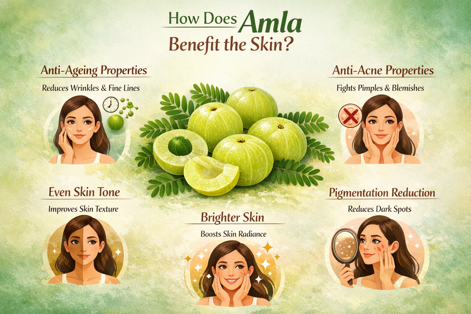 Amla benefits for skin illustrated in an infographic, showing anti-ageing, acne reduction, even skin tone, pigmentation control, and natural skin brightness.